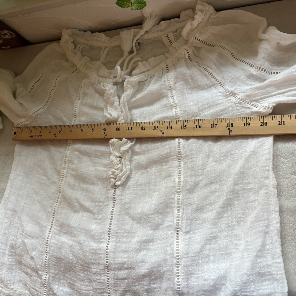 Sundance Gauze Shirt Petite M Off White Cotton Blend Tassel Tie Peasant Blouse - Picture 7 of 10